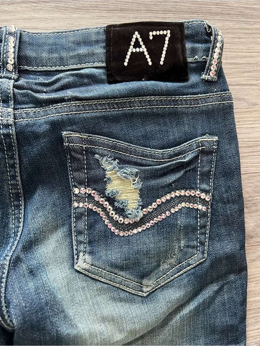 A7 Swarovski Crystal Distressed Jeans Size 1 | Rhinestone Hem | Low Rise